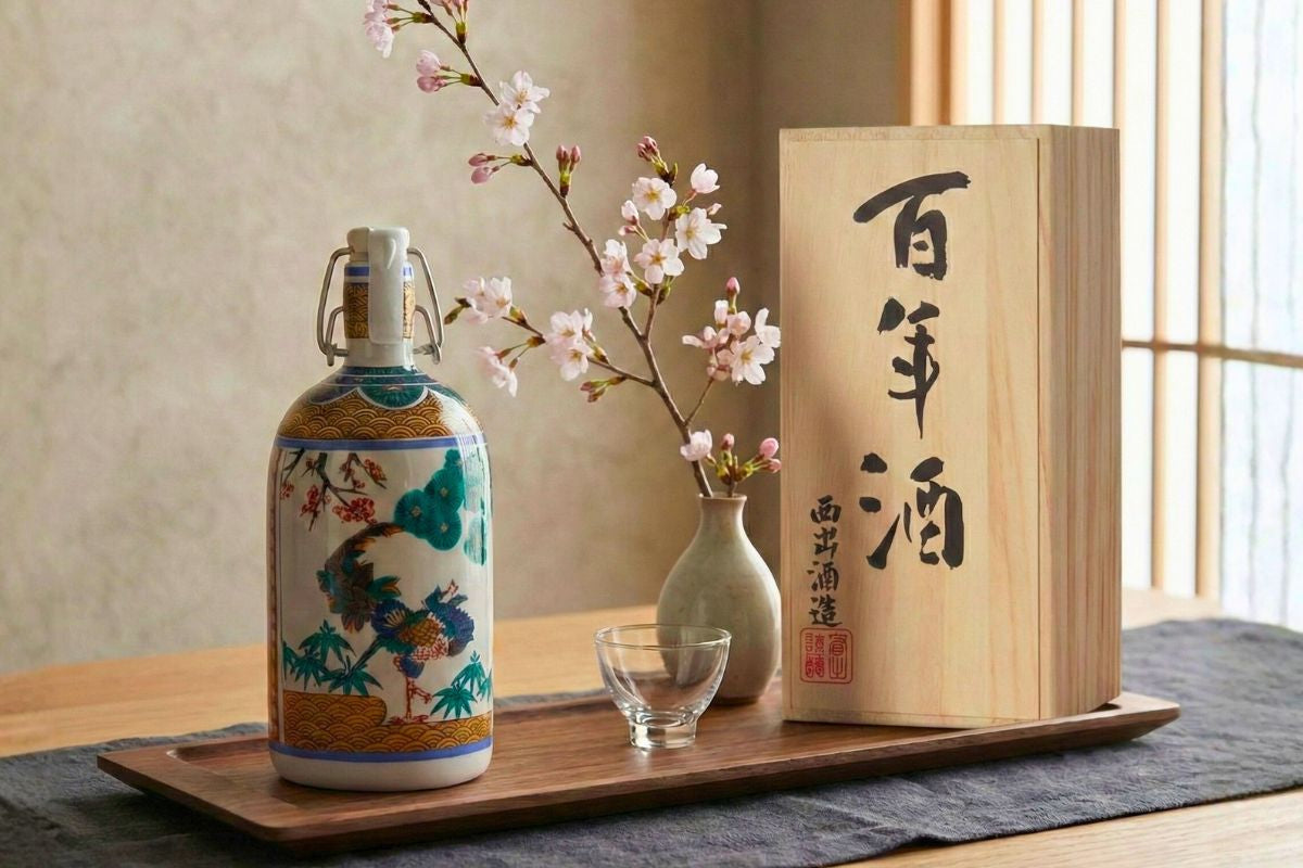 A decorated ceramic sake bottle on a tray beside its wooden gift box