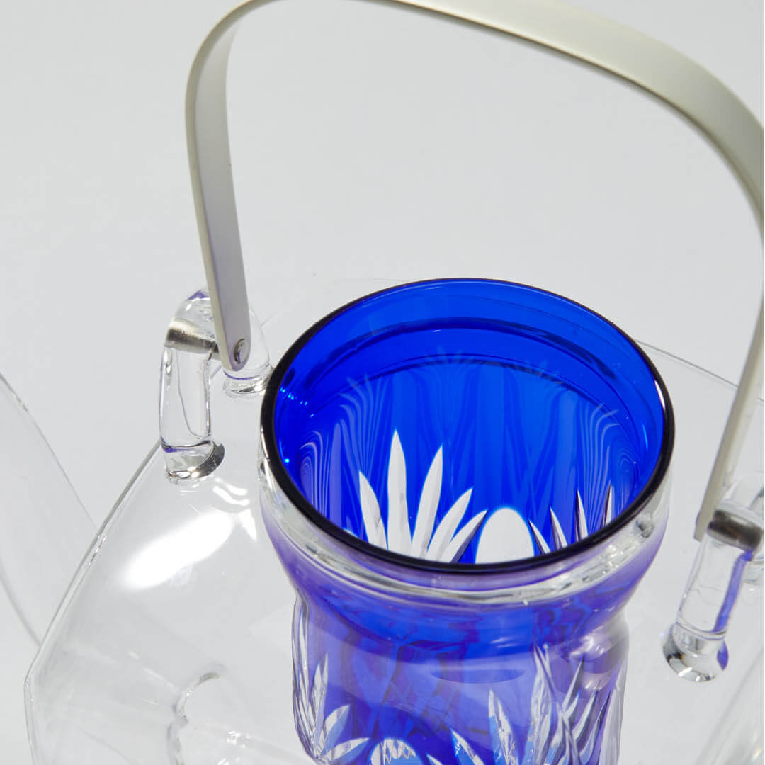 Edo Kiriko Chirori Sake Set Blue, upward angled close view